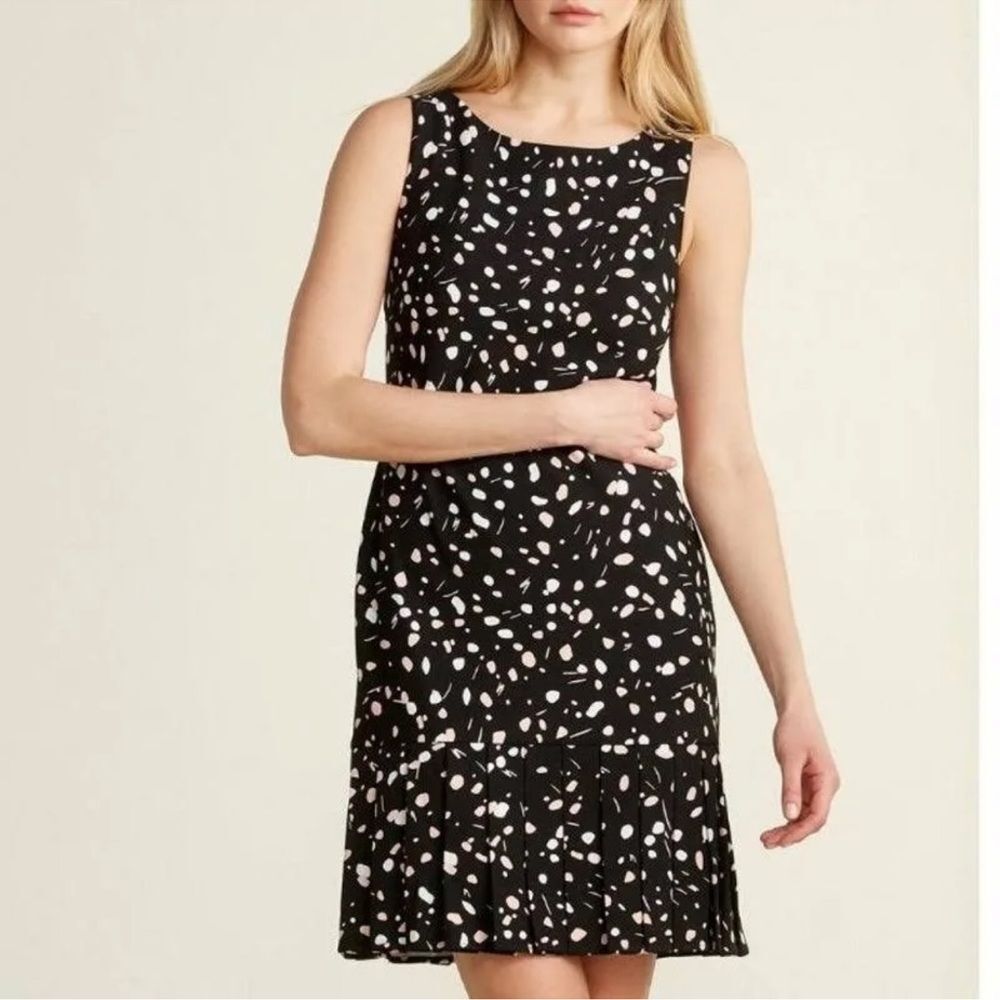 DKNY Womens Black Pleated Flounce Dress Pink and White Dot Pattern Size 16